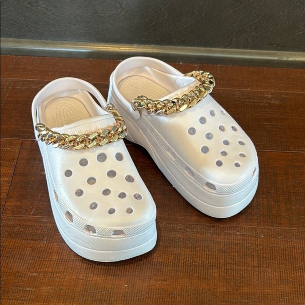 White Platform Croc Style Clogs with Gold Chain, size 8